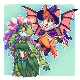 anthro bat_wings big_hands black_paws clothing duo eyelashes female flower flower_hair fur gem green_body green_eyes green_skin halloween_decoration halloween_themed hat headgear headwear jewelry leaf_skirt magic_user markings membrane_(anatomy) membranous_wings midriff neck_tuft necromancer orange_body orange_fur plant plant_clothing plant_hair pseudo_hair ribbons sapphire_(gem) short_cloak smile star_(marking) tail thigh_up tuft wand webbed_hands white_body white_fur white_skin wings wizard_hat yellow_eyes momoaeoii dungeons_and_dragons dust:_an_elysian_tail hasbro paizo pathfinder wizards_of_the_coast menia_(whispwhim) treat_(whispwhim) amphibian bat frog mammal nimbat tripkee absurd_res hi_res