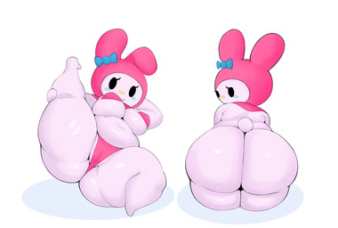 anthro big_breasts big_butt bikini black_eyes blue_ribbon breasts butt camel_toe clothing eyelashes female fur hood huge_butt looking_at_viewer looking_back monotone_body monotone_fur navel pink_bikini pink_clothing pink_swimwear scut_tail short_tail simple_background slightly_chubby slightly_chubby_female smile solo spread_legs spreading swimwear tail thick_thighs two-piece_swimsuit white_background white_body white_fur wide_hips yellow_nose giselle_orochi onegai_my_melody sanrio my_melody lagomorph leporid mammal rabbit absurd_res hi_res