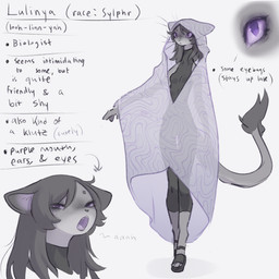 anthro black_hair breasts circle_eyebrows cloak clothing collarbone dark_hair eye_bags eyebrows fangs female footwear fur grey_body grey_fur hair hood long_hair messy_hair multi_breast open_mouth poncho purple_clothing purple_eyes purple_mouth purple_topwear sandals shoes skinsuit sleeveless_clothing solo standing sweater tail tail_tuft teeth text tight_clothing topwear translucent translucent_clothing tuft turtleneck whiskers tateoftot lulinya_(tateoftot) alien felid mammal 1:1 english_text hi_res model_sheet