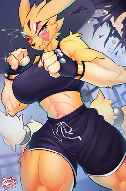 anthro big_breasts biped blue_eyes boxers_(clothing) bra breasts clothing eyewear female female_anthro fur glasses gym handwear muscular muscular_female punching_bag solo sport sports_bra text underwear yellow_body yellow_fur conditional_dnp yourdigimongirl bandai_namco digimon digi_(yourdigimongirl) canid digimon_(species) mammal renamon taomon digital_media_(artwork) english_text hi_res url