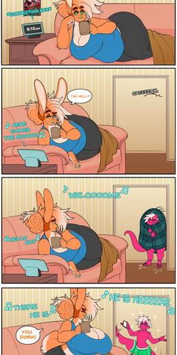 anthro bedding big_breasts blanket breasts bulge cellphone cleavage clothed clothing cloven_hooves container cup curvy_figure dialogue duo electronics eyes_closed female fingers fur furniture green_eyes hair hooves horn huge_breasts inside leggings legwear lying male midriff mug on_side orange_body orange_fur orange_hair overweight overweight_anthro overweight_female phone pink_body sofa speech_bubble text thick_thighs topwear underwear voluptuous white_body white_fur white_hair wide_hips mr.pink dulce_(mr.pink) pwink_(mr.pink) imp lagomorph leporid mammal rabbit comic english_text hi_res