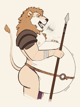 after_vore anthro areola belly big_belly burping eyes_closed hand_on_belly male male_pred mane melee_weapon motion_lines nipples o-ring open_mouth pecs polearm same_size_vore shoulder_armor spear teeth tongue vore weapon buhk felid lion mammal pantherine 3:4 hi_res