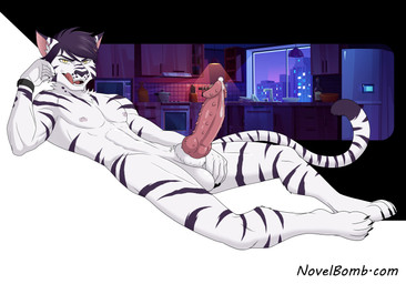 animal_genitalia anthro barefoot bodily_fluids claws erection feet genital_fluids genitals hair licking licking_lips long_tail lying male nipples nude on_side penile_spines penis pink_penis precum purple_hair sheath shirtless solo stripes tail text toe_claws tongue tongue_out yellow_eyes novel_bomb felid humanoid mammal pantherine tiger english_text hi_res