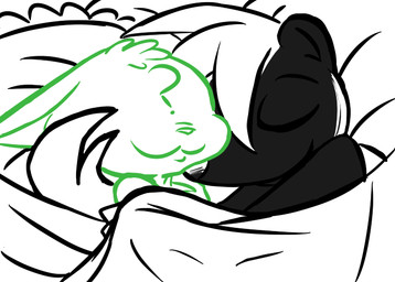 ?_face ambiguous_gender anthro bed bedding blanket claws cuddling duo eyes_closed fur furniture happy love male romantic romantic_couple sleeping smile inkyfrog disney zootopia anon anthro_anon fan_character hugh_muskroura ambiguous_species mammal mephitid skunk 2016 digital_media_(artwork) restricted_palette
