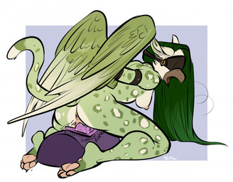 anthro anus bdsm beak biped blindfold bondage bound breasts feathers female genitals green_body green_feathers green_hair hair hands_behind_back kneeling non-mammal_breasts nude penetration sex_toy side_boob simple_background solo straddling submissive submissive_female sybian tail vaginal vaginal_penetration vibrator vulva wings mustachemutt mythology avian gryphon mythological_avian mythological_creature 2017