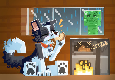 ambiguous_gender anthro bell bell_collar biped black_body black_fur cheek_tuft chest_tuft collar collar_only cooking creepy_smile duo eating eating_food facial_tuft fire fluffy fluffy_body fluffy_tail fur furnace jingle_bell jingle_bell_collar looking_through looking_through_window multicolored_body multicolored_fur neck_tuft nude orange_eyes pawpads raining sitting sitting_on_ground smile tail tuft two_tone_body two_tone_fur white_body white_fur wood fc5 microsoft minecraft mojang xbox_game_studios canid canine canis creeper_(minecraft) domestic_dog husky mammal nordic_sled_dog spitz 2025 absurd_res hi_res