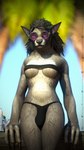 anthro areola areola_slip bandeau black_bandeau black_clothing black_hair black_nose black_thong black_topwear black_underwear breasts bulge clothing eyewear fur glasses grey_body grey_fur gynomorph hair intersex looking_at_viewer monster_energy_can solo text thong tinted_glasses topwear underwear thatworgen blizzard_entertainment monster_energy warcraft destiney_crawford_(thatworgen) canid mammal werecanid werecreature worgen 2023 3d_(artwork) 4k 9:16 absurd_res autodesk_3ds_max_(artwork) digital_media_(artwork) hi_res url watermark