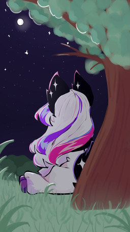 ambiguous_feral ambiguous_gender black_ears black_tail feral fur grass hair hooves multicolored_hair night plant purple_hooves quadruped rear_view sitting sky solo sparkles star tail tree white_body white_fur young young_ambiguous young_feral loshata fluffy_pony star_(loshata) fluffy_pony_(species) mammal 2023 9:16 digital_media_(artwork) english_description hi_res shaded