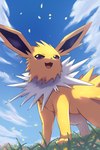 ambiguous_gender cloud feral fur grass open_mouth open_smile outside paws plant purple_eyes sky smile yellow_body yellow_fur rumine nintendo pokemon eeveelution generation_1_pokemon jolteon pokemon_(species) 2:3 hi_res