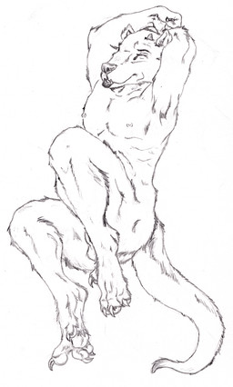 4_toes animal_genitalia arms_above_head balls black_nose butt claws digitigrade eyes_closed feet flaccid genitals hindpaw horn male nipples nude paws penis sheath simple_background smile solo tail teeth toes underbite semiotica black_and_white hi_res monochrome