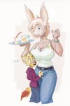 anthro beverage blonde_hair breasts cleavage clothed clothing duo female fur hair larger_anthro larger_female male size_difference skinny skinny_anthro skinny_male small_waist smaller_anthro smaller_male tan_body tan_fur yellow_body yellow_fur ducky_(artist) canid canine fox lagomorph leporid mammal rabbit hi_res