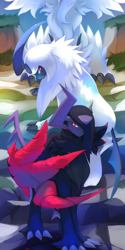 ambiguous_gender black_body black_fur black_hair claws fangs feathered_wings feathers feral fur grass group hair horn one_eye_obstructed open_mouth plant red_eyes tail teeth tongue trio white_body white_feathers white_fur white_hair wings likey nintendo pokemon pokemon_legends_z-a absol generation_3_pokemon generation_6_pokemon generation_9_pokemon mega_absol mega_absol_z mega_evolution pokemon_(species) 2026 signature