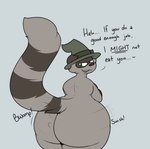 anthro big_butt big_tail blush blush_lines butt butt_jiggle clothing dialogue female first_person_view hat hat_only headgear headgear_only headwear headwear_only imminent_oral imminent_rimming imminent_sex imminent_vore jiggling looking_at_viewer looking_back looking_back_at_viewer magic_user markings mostly_nude obese overweight questionable_consent raised_tail shaking_butt smelly smelly_butt solo sound_effects stink_fumes stink_lines striped_markings striped_tail stripes tail tail_markings talking_to_viewer teasing teasing_viewer text thick_thighs witch witch_hat witch_hat_only conditional_dnp verdantphysician lily_(verdantphysician) mammal procyonid raccoon english_text hi_res