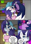 absurd_res after_kiss anthro big_breasts blush bodily_fluids breasts caoscore clothed clothing comic dialogue duo english_text equid equine eye_patch eyewear female female/female friendship_is_magic hasbro hi_res horn mammal my_little_pony mythological_creature mythological_equine mythology rarity_(mlp) saliva saliva_string text tongue tongue_out twilight_sparkle_(mlp) unicorn