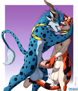 animal_genitalia anthro ball_growth balls balls_on_tail big_balls big_penis bodily_fluids breath collar cum cum_exchange cum_in_sheath cum_inflation cum_inside docking duo face_to_face filling_up fully_sheathed fur genital_fluids genital_growth genitals growth harness horn inflation leash leash_pull male male/male multicolored_body multicolored_fur panting penetration penile penis penis_grab sex sheath sheath_penetration sheath_play sheath_sex tail tail_fetish tail_play tongue tongue_out owligatorstudios guild_wars bookermeister jake_(adyrtityger) charr cheetah felid feline mammal absurd_res hi_res
