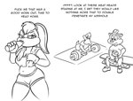 anatid anseriform anthro athletic_wear avian bird bodily_fluids comic daffy_duck dialogue duck english_text exercise female greyscale group hi_res humanoid lagomorph leporid lola_bunny looney_tunes lordcuckness male male/female mammal mephitid monochrome pepe_le_pew profanity rabbit skunk stare striped_skunk sweat text trio warner_brothers weightlifting workout