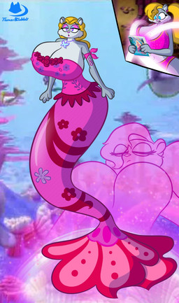 anthro athletic_wear barely_visible_nipples big_breasts blonde_hair blue_eyes bottomwear bra breasts clothing dvd female floral_pattern fur glowing glowing_eyes grey_body grey_fur gym_bottomwear gym_shorts hair hair_bun huge_breasts jewelry lipstick makeup mermaid_tail necklace nipples pink_armlet pink_clothing pink_lipstick pink_topwear ponytail shorts solo split_form sports_bra topwear transformation underwear wide_hips thomasbluewolf barbie_fairytopia:_mermaidia conker's_bad_fur_day rareware berri elina_(barbie) chipmunk ground_squirrel mammal marine merfolk rodent sciurid absurd_res hi_res