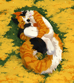 anthro black_body black_fur collar collar_only eyes_closed female flower fur lying markings multicolored_body multicolored_fur nude on_side orange_body orange_fur outside pink_collar plant side_view sleeping solo striped_arms striped_legs striped_markings striped_tail stripes tail tail_markings unsigned whiskers white_body white_fur yellow_flower corzh77 domestic_cat felid feline felis mammal absurd_res full-length_portrait hi_res portrait