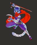 ambiguous_gender anthro blue_body blue_fur fur markings solo striped_markings striped_tail stripes tail tail_markings weapon white_markings hiryu strider strider_hiryu felid mammal pantherine snow_leopard 5:6 absurd_res hi_res