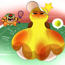 2_horns anthro areola areola_slip big_areola big_breasts blush bodily_fluids breast_torture breasts brown_clothing brown_footwear brown_shoes bruised clenched_teeth clothed clothed_female clothing duo female footwear hair horn huge_areola huge_breasts hyper hyper_areola hyper_breasts male red_hair shoes sport star tears teeth tennis tennis_racket yellow_body ota_(artist) mario_and_luigi_(series) mario_bros nintendo bowser starlow dragon_koopa koopa scalie star_sprite waddling_head 2025 digital_media_(artwork) hi_res