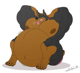 4_toes anthro belly biceps big_belly big_muscles black_body black_fur black_nose bodily_fluids breath brown_body brown_fur clothing collar cropped_ears docked_tail exercise feet fur green_eyes male musclegut muscular muscular_anthro muscular_male navel nipples overweight overweight_anthro overweight_male panting pecs short_tail sitting solo speedo spiked_collar spikes sweat swimwear tail toes workout juano blake_(juano) canid canine canis dobermann domestic_dog mammal pinscher hi_res