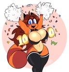 anthro areola areola_slip big_breasts black_clothing black_ears black_legwear black_panties black_thigh_highs black_underwear blue_eyes bodily_fluids bouncing_breasts breasts brown_hair clothed clothing confetti female follower_number fur hair leaf legwear long_hair looking_at_viewer milestone open_mouth orange_body orange_fur panties pom_poms simple_background smile solo sweat tail tanuki_leaf text thick_thighs thigh_highs topwear underwear yellow_text buxy ash_(buxy) canid canine mammal raccoon_dog tanuki 2023 absurd_res colored digital_drawing_(artwork) digital_media_(artwork) hi_res