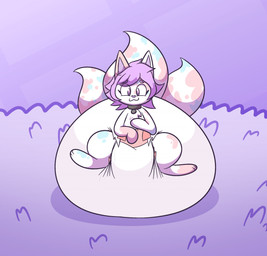 3_tails 3_toes ambiguous_gender big_diaper black_collar blue_spots chest_tuft clean_diaper clothed clothing collar collar_tag diaper featureless_hands feet feral front_view fur hair huge_diaper looking_at_viewer markings multi_tail pink_spots purple_background purple_hair purple_inner_ear purple_nose simple_background sitting smile solo spots spotted_body spotted_fur spotted_markings spotted_tail tail tail_markings toes tuft wearing_diaper white_body white_diaper white_fur white_tail dummydoodles kaycee_(squishykaycee) domestic_cat felid feline felis mammal hi_res nonbinary_(lore)