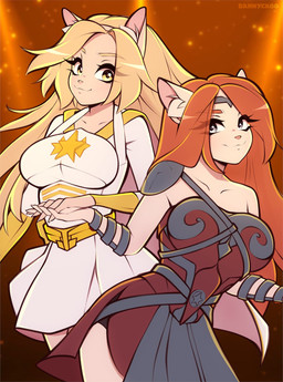 accessory anthro armor blonde_hair blue_eyes breasts cape clothing colorful_background costume crown duo eye_contact eyelashes female fur hair hair_accessory hairband hand_holding headgear light_body light_fur long_eyelashes long_hair looking_at_another pink_nose red_hair shoulder_armor smile smiling_at_another smiling_at_each_other star_eyes straps superhero superhero_costume tiara wrist_guards yellow_eyes dannyckoo the_boys_(series) queen_maeve_(the_boys) starlight_(the_boys) felid feline mammal 2022 hi_res