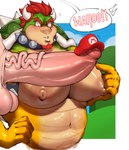 2023 anthro anthro_focus areola armband balls barazoku beard belly big_areola big_muscles big_nipples big_pecs big_penis blush border bowser clothing cloud collar day dialogue duo english_text erection eyebrows facial_hair flustered genitals hair hand_on_hip hat headgear headwear hi_res horn huge_areola huge_muscles huge_nipples huge_pecs huge_penis human human_on_anthro humanoid_genitalia humanoid_penis interspecies koopa long_penis looking_at_genitalia looking_at_penis male male/male mammal mario mario_bros musclegut muscular muscular_anthro muscular_male navel nintendo nipples non-mammal_nipples nude offscreen_character outside paldraws pecs penis penis_in_face presenting presenting_penis scalie shadow shell sky small_glans solo_focus spiked_armband spiked_collar spiked_shell spikes spikes_(anatomy) text thick_penis vein white_border