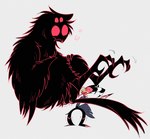 alternate_form anthro carrying_another carrying_partner duo funny_face grey_background horn male red_eyes simple_background sitting smile standing struggling yellow_eyes helluva_venti helluva_boss blitzo_(helluva_boss) stolas_(helluva_boss) avian bird imp owl owl_demon hi_res