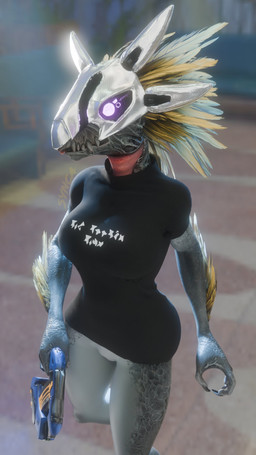 3_fingers anthro arm_feathers arm_tuft armor avian_caruncle barely_visible_genitalia bottomless breasts claws clothed clothing covenant_alphabet_(halo) face_covered feather_hair feathered_crest feathers female finger_claws fingers genitals glowing glowing_eyes grey_body grey_scales gun head_crest headgear helmet holding_gun holding_object holding_ranged_weapon holding_weapon non-mammal_breasts pink_eyes plasma_pistol pseudo_hair ranged_weapon scales shirt small_waist solo standing t-shirt text topwear tuft weapon yellow_body yellow_feathers synca pickle_juice_(modeler) halo_(series) microsoft xbox_game_studios syn_cah alien avian kig-yar scalie t'vaoan 3d_(artwork) 9:16 colored constructed_language digital_media_(artwork) fictional_language hi_res