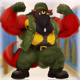 anthro armpit_fetish armpit_hair armpit_tuft army army_clothing army_hat army_outfit army_uniform balls_outline barazoku beard bedroom_eyes belly_hair belt biceps big_muscles big_pecs black_armpit_hair black_beard black_belt black_body black_boots black_chest_hair black_clothing black_facial_hair black_footwear black_fur black_hair black_mustache black_scales body_hair boots bottomwear bulge bulge_focus chest_hair clothing cocky cocky_grin combat_boots detailed_bulge dog_tags dominant dominant_anthro dominant_male ear_piercing erection erection_under_clothing erection_under_pants facial_hair facial_piercing fist flexing flexing_bicep flexing_both_biceps flexing_muscles flexing_pecs flirting flirting_look flirting_with_viewer footwear fur general_(rank) genital_outline gloves gold_(metal) gold_ear_piercing gold_jewelry gold_nose_ring green_bottomwear green_clothing green_gloves green_handwear green_hat green_headwear green_pants green_topwear green_vest grin grinning_at_viewer hair handwear happy_trail hat headgear headwear huge_muscles imminent_sex inviting inviting_to_sex inviting_viewer jewelry locker locker_bench locker_room locker_room_sex male manly mature_anthro mature_male military military_cap military_clothing military_gloves military_hat military_pants military_uniform military_vest multicolored_body multicolored_fur muscular muscular_anthro muscular_arms muscular_male muscular_thighs mustache narrowed_eyes nipples nose_piercing nose_ring offering_sex offering_to_viewer pants pecs penis_outline piercing pipe pipe_in_mouth pose presenting presenting_body presenting_bulge presenting_pecs raised_arms raised_fist raised_hand red_body red_scales ring_piercing scales seducing_viewer seductive shoes showing_off_muscles smile smiling_at_viewer smirk smirking_at_viewer smoking smoking_pipe soldier solo standing tail tenting thick_arms thick_thighs topwear tusks uniform vest warrior wide_stance yellow_body yellow_scales amideo mythology dragon mythological_creature mythological_scalie reptile scalie 1:1 hi_res