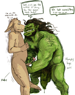 anthro back_hair ball_fondling ball_grab balls beard body_hair chest_hair dialogue duo erection facial_hair flaccid fondling foreskin genitals hairy handjob holding_penis long_foreskin loose_foreskin male male/male muscular nude penile penis penis_grab pubes sex simple_background speech_bubble tail tail_between_legs text tusks unretracted_foreskin white_background artdecade captaingerbear humanoid kangaroo macropod mammal marsupial orc english_text