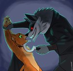 anthro arm_hold blade duo fur green_eyes grey_body grey_fur large_fangs male male/male open_mouth orange_body orange_fur red_eyes sickle smile teeth whiskers purplem8n dreamworks puss_in_boots_(franchise) death_(puss_in_boots) puss_in_boots_(dreamworks) canid canine canis domestic_cat felid feline felis mammal wolf hi_res