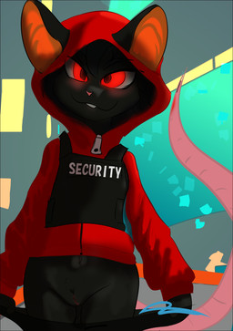 anthro bulletproof_vest clothed clothing female flashing genitals hoodie no_underwear security solo topwear undressing vulva kamperkiller bacon_the_rat mammal murid murine rat rodent hi_res