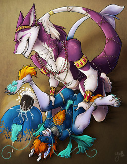 anal anal_penetration anthro antlers balls bodily_fluids collar cum cum_while_penetrated duo ejaculation erection genital_fluids genitals gold_(metal) gold_jewelry grin hands-free harem harem_jewelry harem_outfit horn interspecies jewelry kneeling knot lying male male/male male_penetrated male_penetrating male_penetrating_male on_back orgasm penetration penis posture_collar sex smile tail whiskers kaylii asian_mythology east_asian_mythology mythology ethan_(teckly) kazuzufur canid canine domestic_cat dragon eastern_dragon felid feline felis hybrid mammal mythological_creature mythological_scalie scalie sergal 2015 digital_media_(artwork) hi_res