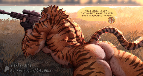 anthro arm_hair back_hair barazoku biceps body_hair bubble_butt butt casual_nudity chest_hair clothing fingerless_gloves gloves gloves_only grass gun hairy handwear handwear_only leg_hair lying male manly mostly_nude muscular muscular_anthro muscular_male on_front on_grass on_ground plant ranged_weapon rifle sniper sniper_rifle solo tail text weapon sir_arion epic_games fortnite oscar_(fortnite) felid mammal pantherine tiger absurd_res english_text hi_res