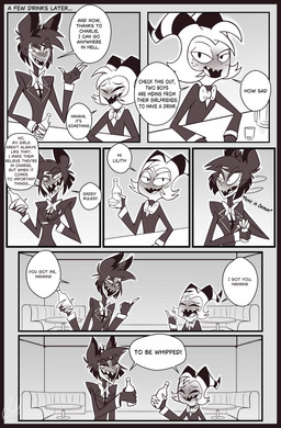 alcohol alcohol_bottle bar bar_scene beverage beverage_bottle blush bottle container dialogue drunk duo freckled_face freckles laugh male motion_lines speech_bubble substance_intoxication tear_trough text gatojack3 hazbin_hotel hellaverse helluva_boss alastor_(hazbin_hotel) moxxie_(helluva_boss) animal_humanoid deer deer_demon deer_humanoid humanoid imp mammal mammal_humanoid absurd_res comic english_text hi_res