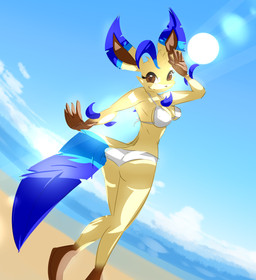 alternate_color anthro anthrofied beach bikini breasts brown_eyes chest_tuft clothed clothing cloud detailed_background female fur leaf leaf_tail looking_at_viewer looking_back looking_back_at_viewer outside plant pokemorph sand sea seaside skimpy sky smile solo sun swimwear tail tight_clothing tuft two-piece_swimsuit water yellow_body yellow_fur elpatrixf nintendo pokemon showers_(pkmndiamond493) canid canine eeveelution elemental_creature flora_fauna generation_4_pokemon leafeon mammal pokemon_(species) 2013 digital_media_(artwork) hi_res