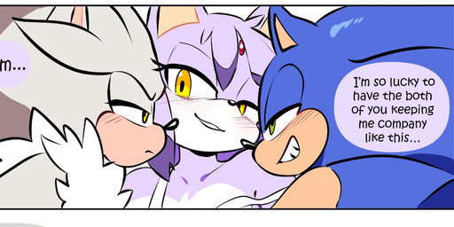 anthro black_nose blue_body blue_fur blue_quills blush blush_lines chest_tuft dialogue female fur gem green_eyes grey_body grey_fur grey_quills group male male/female nude nude_anthro nude_female purple_eyes quills_(anatomy) red_forehead_gem red_gem smile speech_bubble tan_arms tan_inner_ear tan_mouth text trio tuft white_chest_hair white_mouth yellow_eyes quavernsfw sega sonic_the_hedgehog_(series) blaze_the_cat silver_the_hedgehog sonic_the_hedgehog domestic_cat eulipotyphlan felid feline felis hedgehog mammal digital_media_(artwork) english_text
