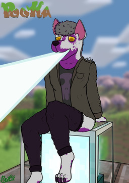 anthro blurred_background bottomwear bottomwear_down cherry_blossom cherry_blossom_tree cherry_tree clothed clothing cloud feet flower fruit_tree fur glass grass grey_body grey_fur highlights_(coloring) jacket leather leather_clothing logo male minecraft_block open_mouth outside pants pants_down partially_clothed plant prunus_(flower) purple_body purple_fur purple_nose shirt sitting skull_shirt solo spikes topwear tree yellow_eyes pookashifts microsoft minecraft mojang xbox_game_studios pooka_(pookashifts) canid canine canis domestic_dog mammal absurd_res artist_logo hi_res signature