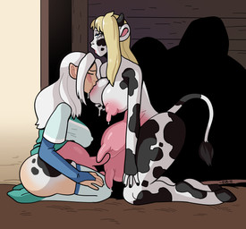 anthro big_breasts biped blonde_hair bodily_fluids breastfeeding breasts breasts_and_teats duo eyes_closed female female/female hair hooves horn human_to_anthro kneeling lactating markings mid_transformation milk nipples nude open_mouth side_view species_transformation spots spotted_body tail teats transformation udders blackshirtboy bovid bovine cattle dairy_cattle holstein_friesian_cattle human mammal 2015 hi_res