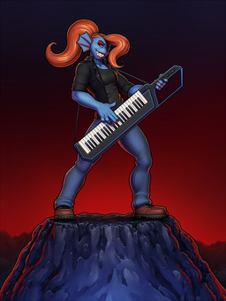 blue_body blue_skin bottomwear breasts cliff clothed clothing denim denim_bottomwear denim_clothing detailed_background female hair high_place jeans looking_at_viewer mountain musical_instrument outside pants playing_music pose red_hair red_sky sharp_teeth simple_background sky smile solo standing teeth longblueclaw undertale_(series) undyne humanoid 2016 digital_media_(artwork) full-length_portrait hi_res portrait