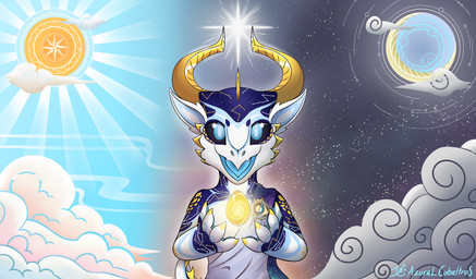 anthro clothed clothing horn magic_user male moon robe smile solo sun azural_cobaltros mercurio_(character) kobold scalie