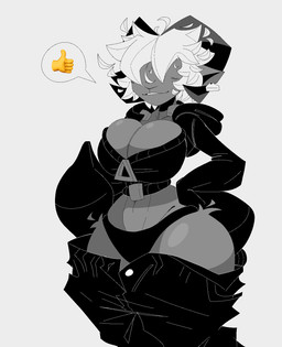 anthro big_breasts bottomwear breasts cleavage clothed clothing ear_piercing ear_tag female gesture hair hair_over_eyes hand_gesture hoodie horn navel oversized_bottomwear oversized_clothing oversized_pants panties pants piercing sagging_pants sleeves_past_wrists small_waist smile solo speech_bubble standing thick_thighs thumbs_up topwear underwear white_hair wide_hips zipper xexeezy ines_(xexeezy) bovid caprine mammal sheep hi_res monochrome