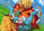 abs anthro balls blonde_hair blue_body blue_skin duo genitals hair humanoid_genitalia humanoid_penis male male/male muscular muscular_anthro muscular_male non-mammal_balls orange_body orange_skin pecs penis tail pandarita bushiroad future_card_buddyfight mythology drum_bunker_dragon qinus_axia dragon mythological_creature mythological_scalie scalie absurd_res hi_res