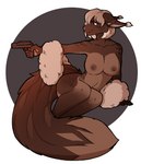 anthro blonde_hair breasts brown_body brown_fur ear_tuft female fur gun hair holding_gun holding_object holding_ranged_weapon holding_weapon mostly_nude orange_eyes ranged_weapon solo tuft weapon morgdl saoirse_(allen_fuller) domestic_cat felid feline felis hybrid lynx maine_coon mammal hi_res