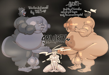 anthro balls belly belly_overhang belly_tattoo between_penises big_butt black_hair bodily_fluids bukkake butt cum cum_on_body cumshot dialogue ejaculation fondling genital_fluids genitals glistening glistening_moobs grey_body group hair huge_butt humanoid_genitalia kneeling male male/male moob_grab moobs musk nipples overweight overweight_anthro overweight_human overweight_male saggy_balls self_fondle sex standing standing_sex tattoo text thick_thighs trio white_hair ramsacked blizzard_entertainment overwatch anon roadhog_(overwatch) winston_(overwatch) ape gorilla haplorhine human mammal primate hi_res