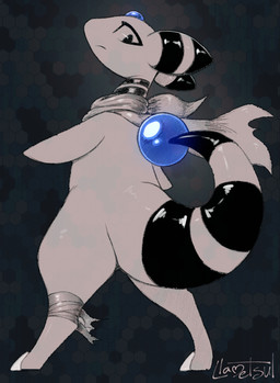 ambiguous_gender blue_gem feral forehead_gem frown gem hexagon_background hooves leg_wraps looking_at_viewer markings mostly_nude scarf scarf_only solo striped_ears striped_markings striped_neck striped_tail stripes tail tail_gem tail_markings wraps llametsul nintendo pokemon ampharos generation_2_pokemon pokemon_(species) 2026 hi_res signature