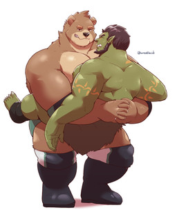 anthro bottomwear brown_body brown_fur clothing duo fur green_body humanoid_hands kemono loincloth male male/male musclegut muscular overweight overweight_male simple_background white_background jumperbear bear humanoid mammal orc 2020 absurd_res hi_res